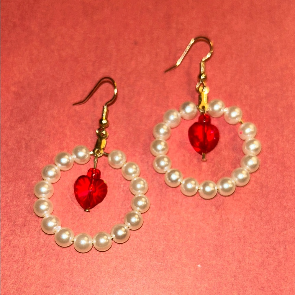Elegant Pearl and Red Heart Earrings
